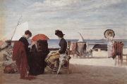 Jules Aviat Beach Scene,Trouville France oil painting artist